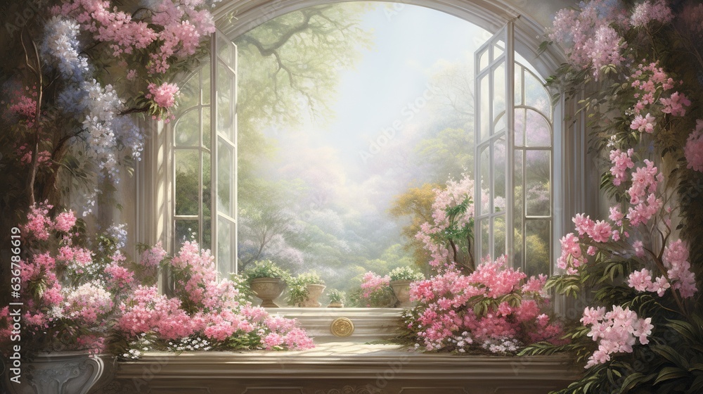 Poster a painting of a window with a view of a garden. generative ai