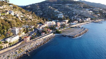 Drone shot of the rocky coast of the Bordighera, Italy