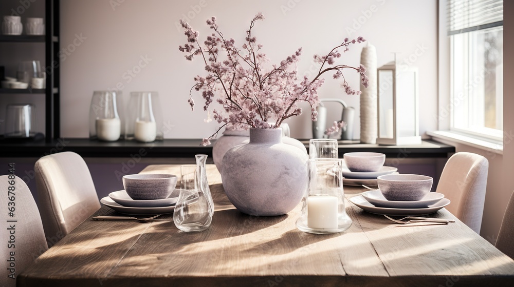 Poster a table with a vase of flowers and plates on it. generative ai