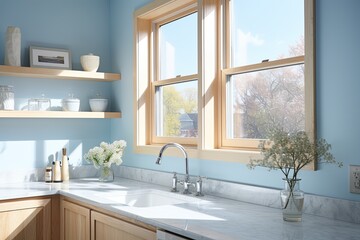 Mediterranean Kitchen with blue walls and large window