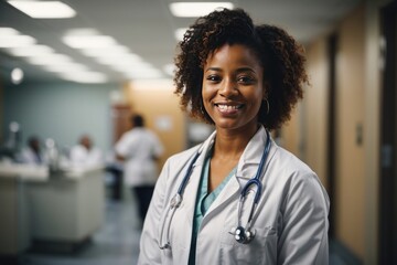 Portrait of female African American smiling doctor standing in hospital