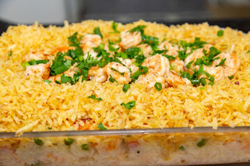 Original Brazilian International Shrimp Recipe in Closeup and Selective Focus. Camarão internacional coco bambu. Brazilian food