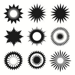 Set of red starburst icons. Price sticker, sale sticker, price tag, starburst, quality mark, retro stars, sale or discount sticker, sunburst badges, sunray silhouettes.