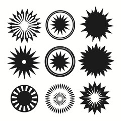 Set of red starburst icons. Price sticker, sale sticker, price tag, starburst, quality mark, retro stars, sale or discount sticker, sunburst badges, sunray silhouettes.