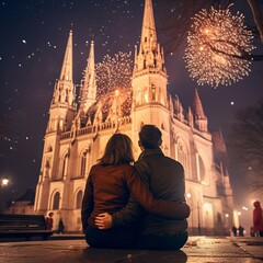 Fototapeta premium AI Couple embracing in front of a dazzling fireworks show