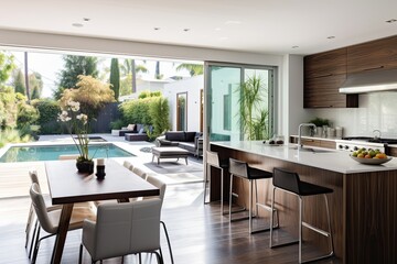 Fototapeta premium Garden view open kitchen with large table and light terrace with swimming pool