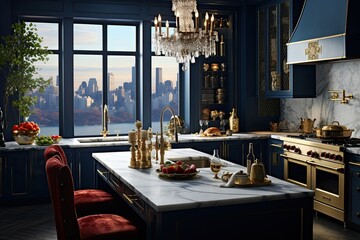 Fototapeta na wymiar Kitchen exuding luxury. Deep navy walls create a rich backdrop for gold accents and marble countertops