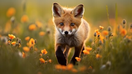  a little fox is walking through a field of yellow flowers.  generative ai