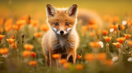  a small fox standing in a field of orange and white flowers.  generative ai