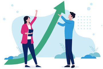 Business growth illustration with business people looking at growing graphs of a big green arrow showing profits and success. Flat design with white and blue background.