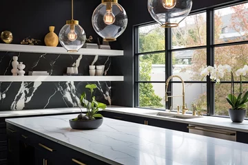 Foto op Canvas Black walls modern kitchen with marble-patterned quartz countertops © zakiroff