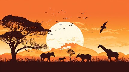 Fototapeta na wymiar a group of giraffes and zebras in a field at sunset. generative ai