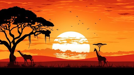  a group of giraffes standing in front of a sunset.  generative ai