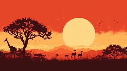 Tuinposter  a sunset scene with giraffes and a tree.  generative ai © Anna