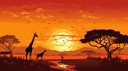  a giraffe and a baby giraffe are silhouetted against a sunset.  generative ai