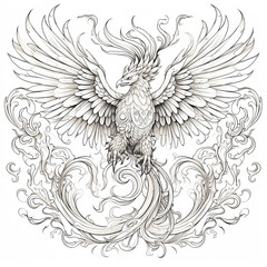 Majestic Fantasy Phoenix. Golden-Accented Black and White Artwork