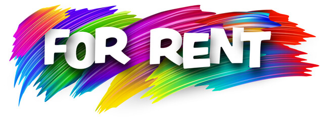 For rent paper word sign with colorful spectrum paint brush strokes over white. Vector illustration.
