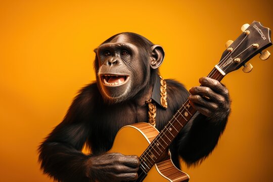 Studio shot of a chimp playing the guitar against a bright colour background, Generative AI