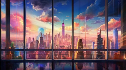  a window view of a city with skyscrapers and clouds.  generative ai