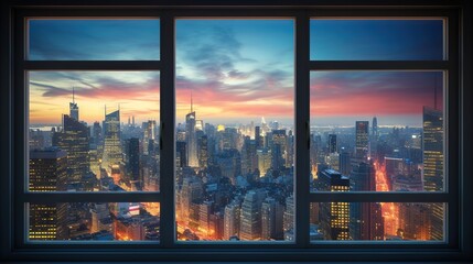  a window with a view of a city at night from a skyscraper.  generative ai