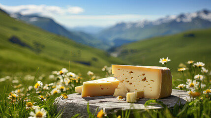 Farm cheese on the background of an alpine meadow