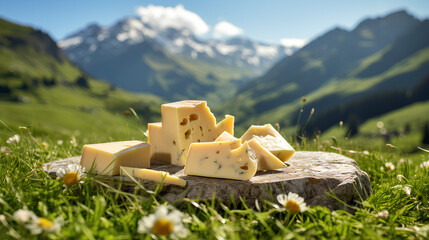 Farm cheese on the background of an alpine meadow - obrazy, fototapety, plakaty