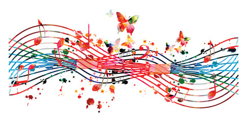 Music background with colorful musical notes staff. Vector illustration. Vibrant music festival poster design with musical notes signs and symbols. Live concert events. Party flyer. 