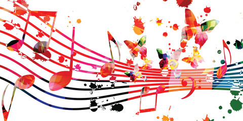 Music background with colorful musical notes staff. Vector illustration. Vibrant music festival poster design with musical notes signs and symbols. Live concert events. Party flyer. 