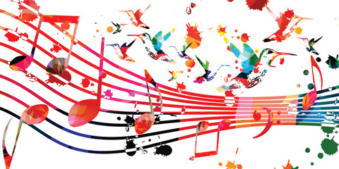 Music background with colorful musical notes staff. Vector illustration. Vibrant music festival poster design with musical notes signs and symbols. Live concert events. Party flyer. 