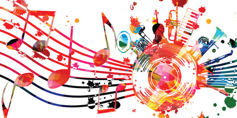 Colorful musical promotional poster with musical instruments and notes isolated-vector illustration. Artistic playful design with vinyl disc for concert events, music festivals and shows. Party flyer	