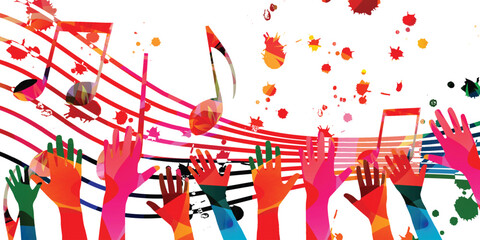 Music background with colorful musical notes staff and hands vector illustration design. Artistic music festival poster, live concert events, party flyer, music notes signs and symbols	 - 636789448