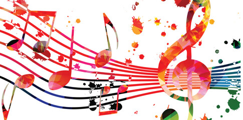 Music background with colorful musical notes staff and G-clef. Vector illustration. Vibrant music festival poster design with musical notes signs and symbols. Live concert events. Party flyer. 