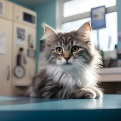 Pretty longhaired cat sitting on the examination desk in a vet clinic