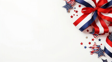 Obraz premium AI generated. Columbus Day, patriot day, 4th of july card, poster, background. Flat lay composition with United states decorations and ribbon on white background. Copy space is available.