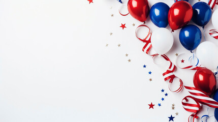 AI generated. Columbus Day, patriot day, 4th of july card, poster, background. Flat lay composition with United states decorations and ribbon on white background. Copy space is available.