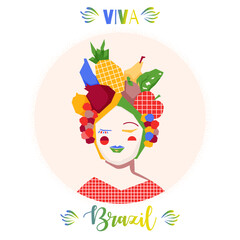 happy girl in a hat with fruits.Poster viva Brazil