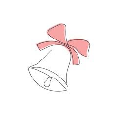 Christmas bell with red ribbon drawn in one continuous line. One line drawing, minimalism. Vector illustration.