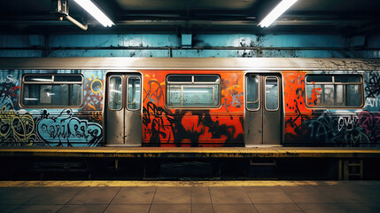 Dark lit underground subway station of 70s-80s in New York with graffitti covering train wagons....