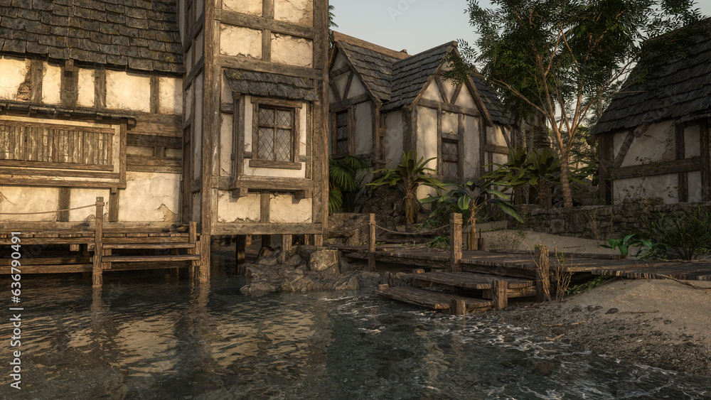 Poster old timber framed buildings by the shore in a medieval port town. 3d rendering.