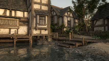 Fototapeta na wymiar Old timber framed buildings by the shore in a medieval port town. 3D rendering.