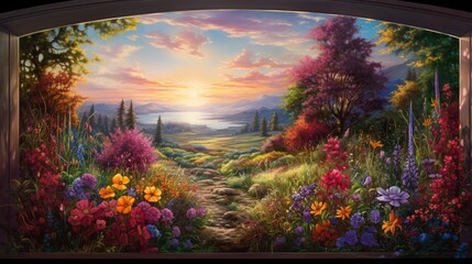  a painting of a colorful landscape with flowers and a sunset.  generative ai