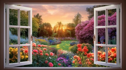 Fototapeta na wymiar an open window with a view of a garden and flowers. generative ai