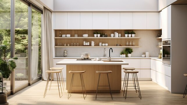  a large kitchen with a center island and wooden stools.  generative ai