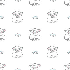Sheep and clouds doodle seamless vector pattern
