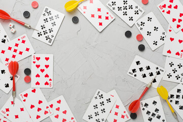 Different board games on concrete background, top view