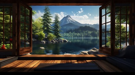  a window view of a mountain lake and a mountain range.  generative ai
