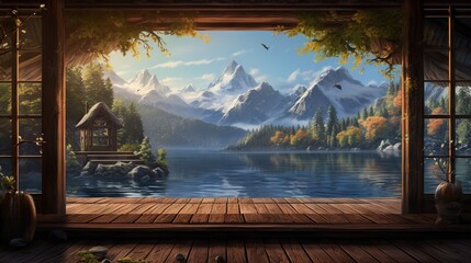  a painting of a mountain lake with a cabin in the background.  generative ai