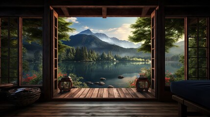  a room with a view of a mountain lake and forest.  generative ai