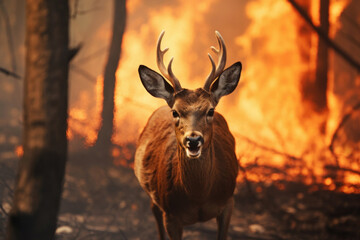 strong forest fire, a forest deer in a panic runs away from the flames