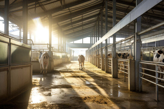 cowshed, cows stand in pens behind bars and walk along the central aisle, sunlight breaks through the windows in the roof